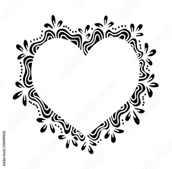 Fototapeta Decorative love frame composition with hearts, flowers, ornate elements in doodle style. Floral, ornate, decorative, tribal design elements. Black and white background. Zentangle coloring book page
