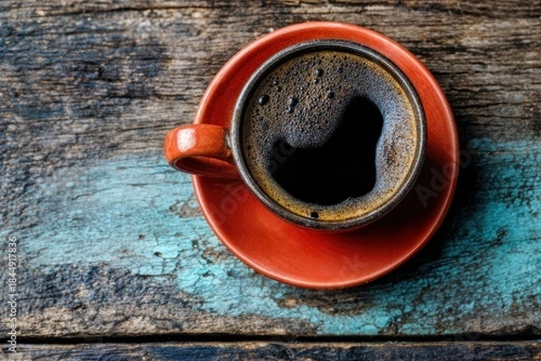 Fototapeta A cup of hot coffee with a dark liquid placed on a wooden table 