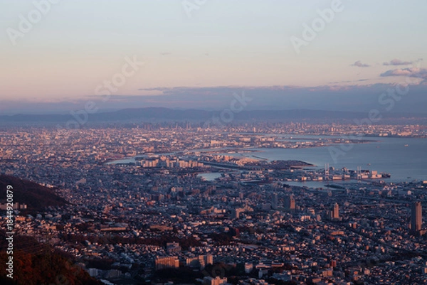 Obraz 摩耶山から見下ろす神戸市街と大阪方面の夕景