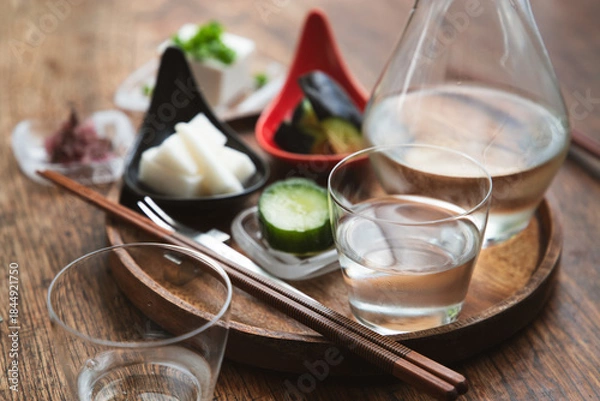 Obraz 生酒の冷酒セット　漬物と冷奴の和風おつまみ