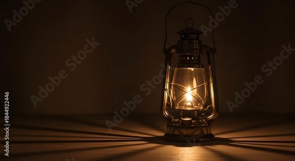 Obraz Lit lantern on a table casts shadows against a dark background