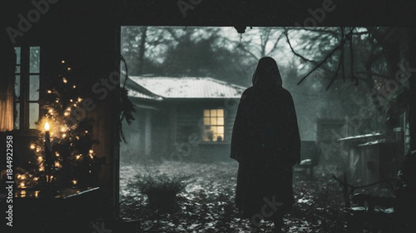 Obraz Dark Hooded Figure Standing Outside Cabin at Night with Christmas Lights