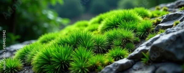 Obraz Lush green moss thrives on rugged rock surface , damp, backdrop, surface