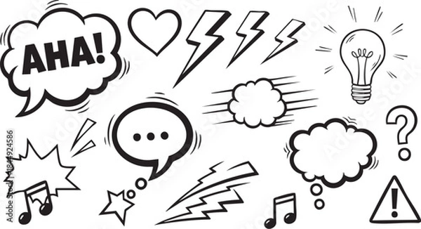 Obraz Grunge Hand-Drawn Speech Bubble & Icon Set: Doodle Chat Bubble Design Elements