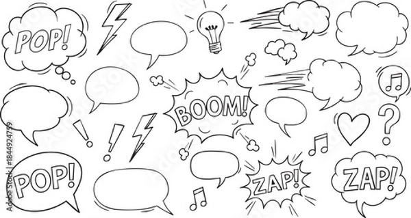 Obraz Grunge Hand-Drawn Speech Bubble & Icon Set: Doodle Chat Bubble Design Elements