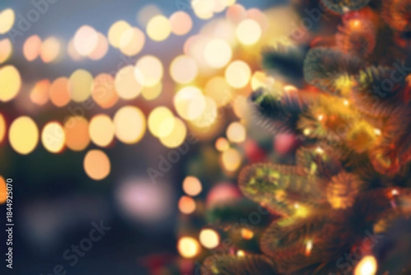 Obraz out of focus Christmas tree background. night; soft artistic blur; close up, bokeh, defocuse