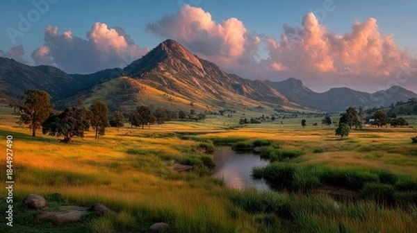 Obraz Serene Sunlit Landscape with Mountains, Clouds, and River Reflection