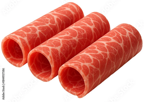 Obraz Thinly Sliced Raw Beef Rolls Isolated on White Background