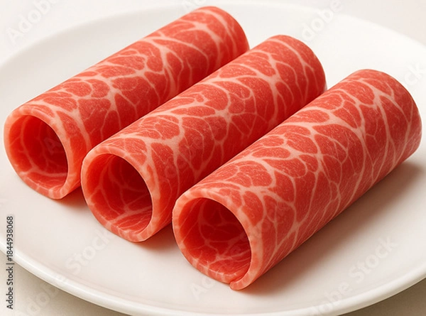Obraz Thinly Sliced Raw Beef Rolls on White Plate