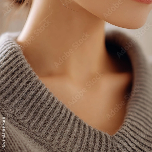 Obraz 니트 상의와 쇄골의 클로즈업 디테일