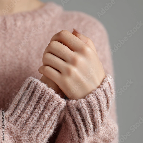 Obraz 포근한 니트 소매와 손의 미니멀 클로즈업