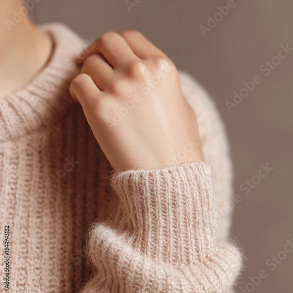 Obraz 포근한 니트 소매와 손의 미니멀 클로즈업