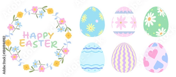 Obraz カラフルで明るい６種類のイースターエッグと3色の春のお花のリースの素材