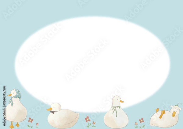 Fototapeta 水彩風のアヒルたちのかわいいフレームイラスト