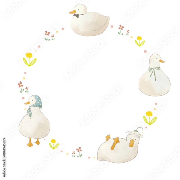 Fototapeta 水彩風のアヒルたちのかわいいフレームイラスト
