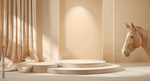 Fototapeta Elegant Horse in Minimalist Room with Beige Curtains and Podium