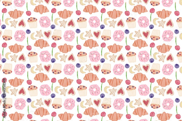 Obraz 白背景に手描きのイラストパターン。水彩のマフィンとクッキーとクロワッサン。おやつのコンセプト