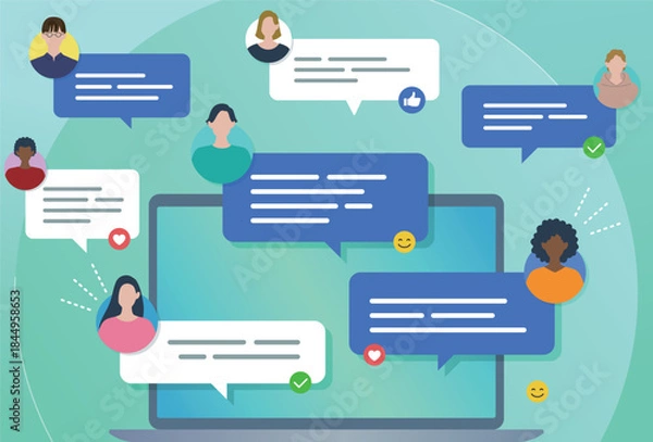 Obraz ウェブコミュニケーション　オンライン交流と人々のイラスト　ノートパソコンとチャット