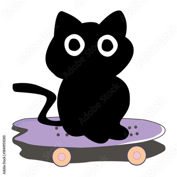 Fototapeta Illustration of Black cat playing of a Skateboard 