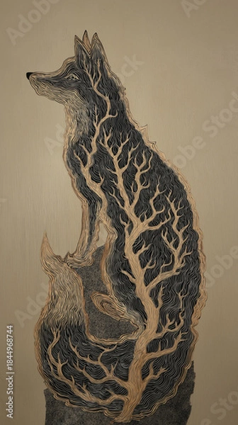 Obraz Detailed drawing of a wolf made up of trees. Perfect for nature themed designs, ecofriendly projects, wildlife conservation campaigns, and forest awareness.