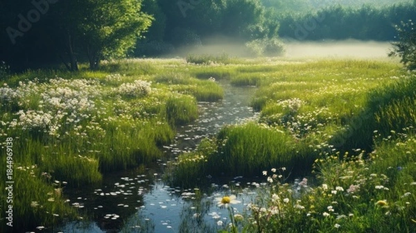 Obraz A serene meadow with a babbling brook, wildflowers dotting the banks, early morning mist rising