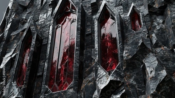 Obraz  A gothic Transylvanian castle, built from jagged black obsidian with deep red garnet crystal windows