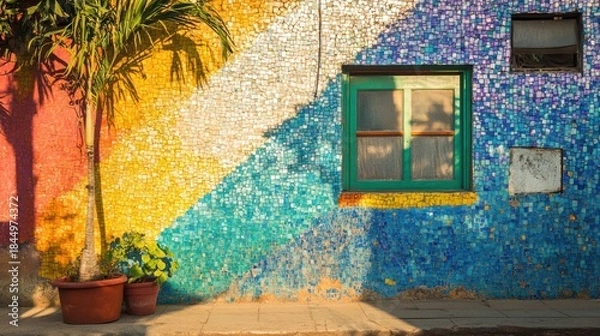 Obraz A vibrant favela building, walls constructed from a mosaic of recycled glass bottles, creating a rainbow effect when light hits