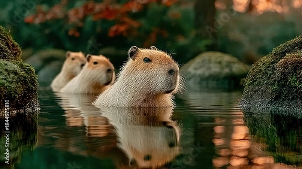 Fototapeta Three capybaras floating serenely in calm water with foliage backdrop