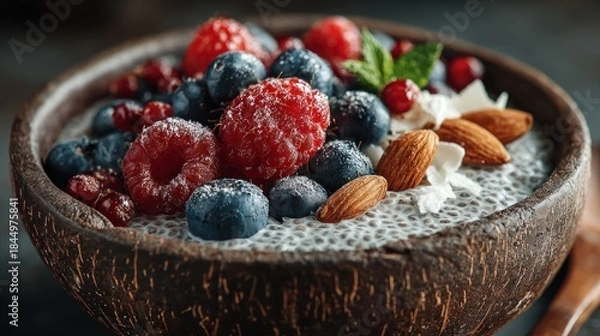 Fototapeta A wooden bowl filled with chia pudding and assorted berries, nuts