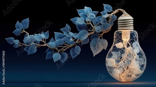 Fototapeta A lightbulb with glowing filament intertwined with foliage