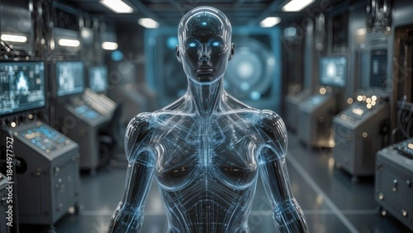 Fototapeta A highly advanced humanoid android stands at the center of a futuristic laboratory, its transparent synthetic body revealing intricate networks of glowing circuits and data pathways.
