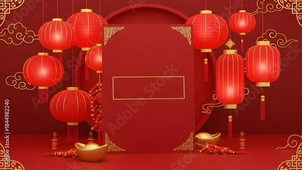 Fototapeta Red Chinese lanterns and ornate book on red background for Chinese New Year. 