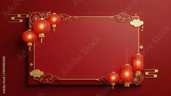 Fototapeta Chinese red lanterns with gold decorations on festive red background for Chinese New Year.