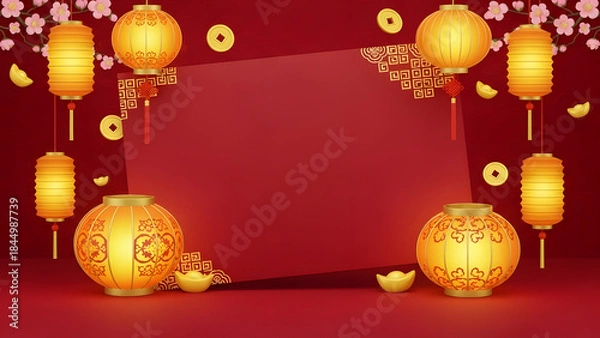 Fototapeta Chinese lanterns with decorative elements on a red background for Chinese New Year.  