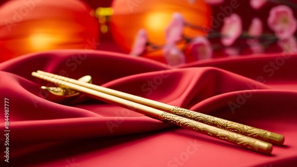 Fototapeta Golden Chinese chopsticks lie on a red satin cloth, next to lanterns and flowers.