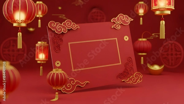 Fototapeta Chinese New Year greeting card mockup, red background, lanterns, empty space for text
