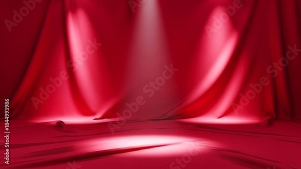 Fototapeta Dramatic red stage curtains with spotlight illumination