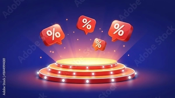 Fototapeta 3d podium display with floating percentage discount icons for sales promotion
