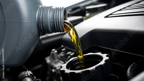 Fototapeta Pouring new motor oil into a car engine during an oil change service