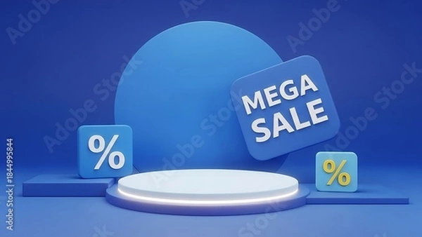 Fototapeta 3d rendering of a mega sale promotion display with percentage signs on blue background