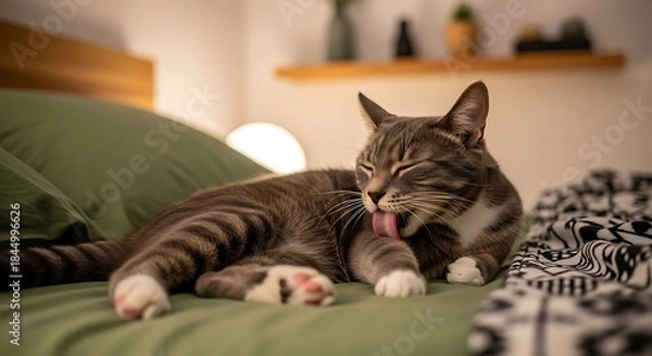 Obraz Domestic feline with striped coat meticulously grooms itself while resting upon soft bedding