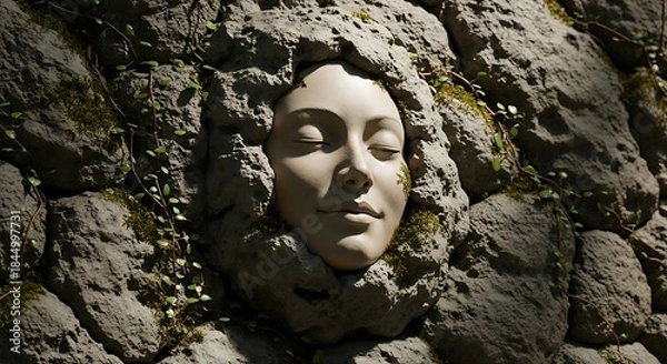 Obraz Serene human visage emerges from rough textured stone surface adorned with creeping vegetation