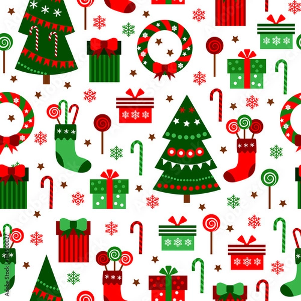 Fototapeta New Year Green Tile Pattern. Merry Christmas Flat Design Vector Illustration. Seamless Background.