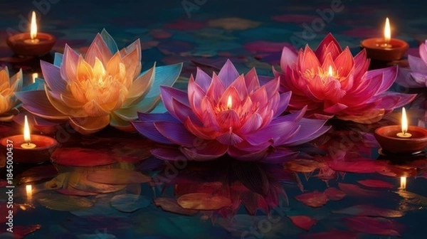 Fototapeta Four vibrant lotus flowers in shades of pink purple and blue float on calm water surrounded by candles. The setting inspires tranquility and beauty during a peaceful evening.