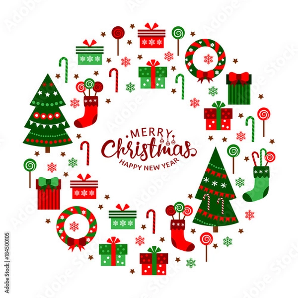 Fototapeta Christmas flat icons in a circle. Merry Christmas and Happy New Year lettering. Flat design template. Hand drawn vector illustration.