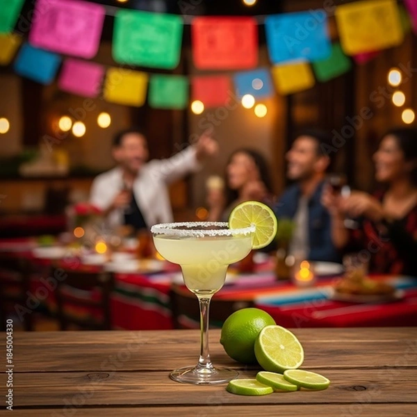 Obraz Refreshing lime cocktail sits on wooden table with celebration in background