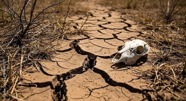 Obraz Animal remains rest upon severely cracked earth in a desolate, arid environment