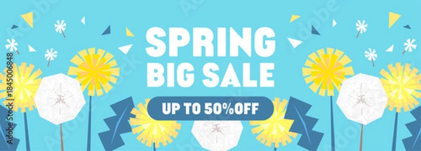 Obraz タンポポのイラストと水色の背景色の春のバーゲンのバナー素材