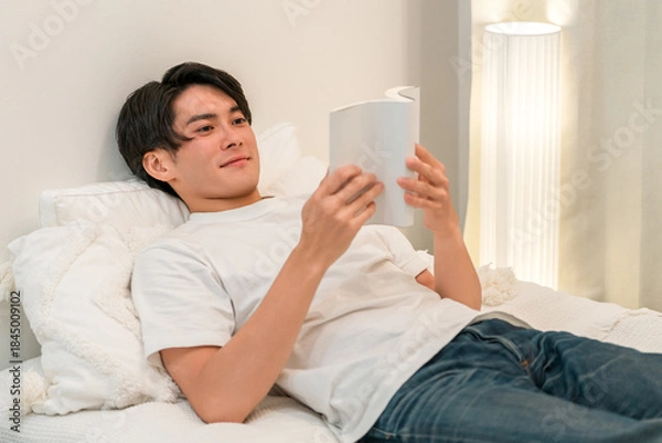 Fototapeta Young Asian man reading a book while lying in bed