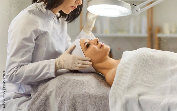Obraz Cosmetologist, dermatologist doing female facial treatment in spa salon, professional magnifying lamp examining skin, medical problems, individual conditions, dermatological disease, full examination 